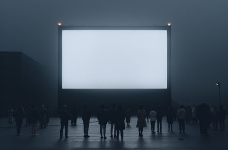 a crowd of people standing in front of a large advertising billboard.の素材