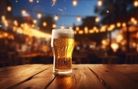 a glass of beer sits on a table.の素材
