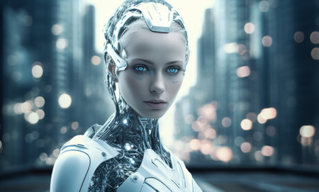 a blythe machine woman is standing in front of the city.の素材