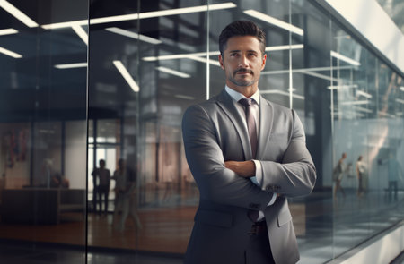 a businessman standing in front of an office area with arms crossed.の素材