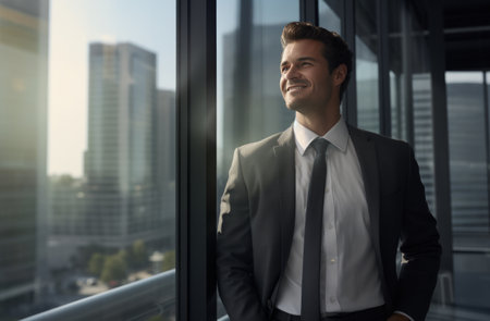a happy male businessman standing in front of an office window.の素材