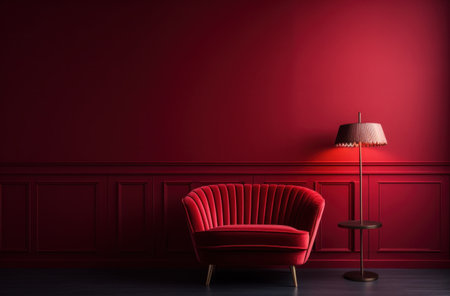 a red velvet chair in front of a red wall.の素材