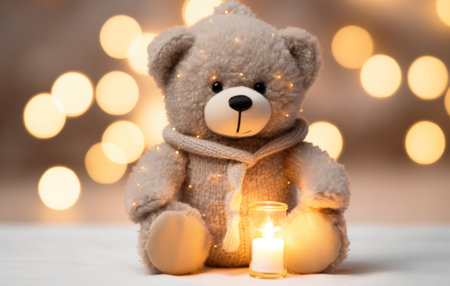 a bear in a scarf on a wooden table.の素材