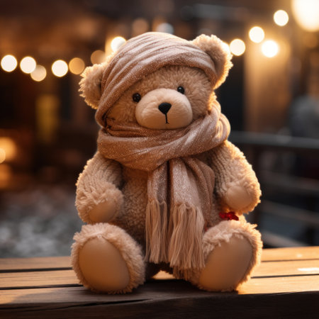 a bear in a scarf on a wooden table.の素材