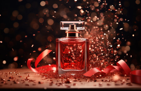 an elegant perfume bottle on top of Christmas gifts.の素材