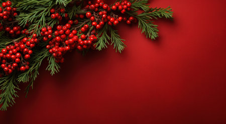 christmas cypress leaves and berries on red background.の素材