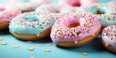 colored donuts on pink background sprinkles.の素材