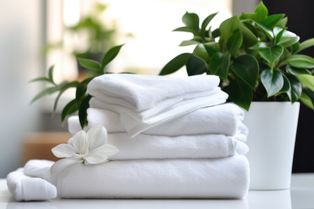 four piles of towels and plants on a counter top.の素材
