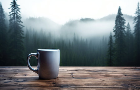 mug on wooden table with pine trees in the background.の素材