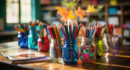 pens, pencils, notebook, and school supplies on a table.の素材