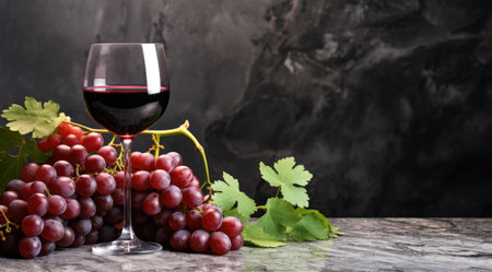 red wine a glass and bunches of grapes on dark tabletop.の素材
