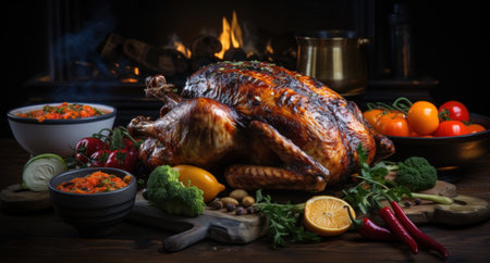 roasted turkey on a dish with herbs and spices.の素材