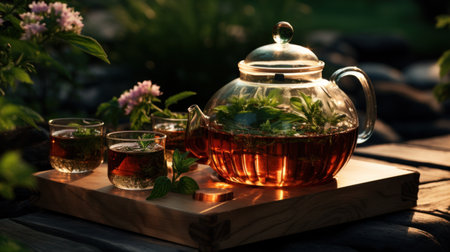 tea and coffee pot on a wooden table near greenery.の素材