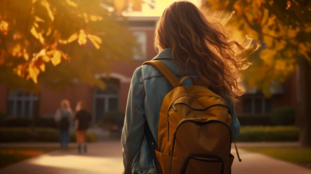 student woman walking away from school with her backpack.の素材