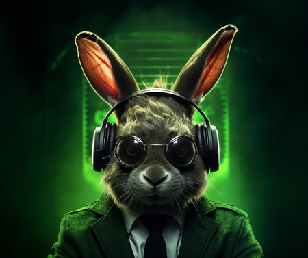 rabbit in headphones with glasses looking off into the distance.の素材