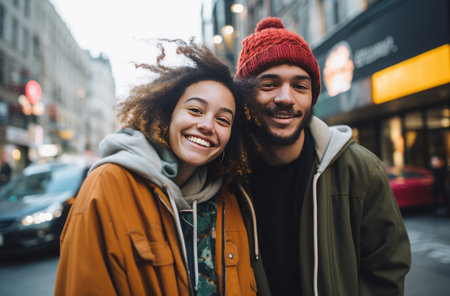 young couple smiling in city,.の素材