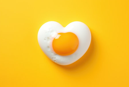 a fried egg in the shape of heart is sitting on a yellow surface.の素材