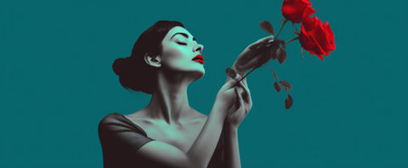 a beautiful woman holding a rose in her hands.の素材