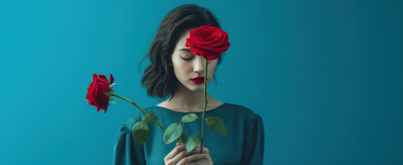 a beautiful woman holding a rose in her hands.の素材