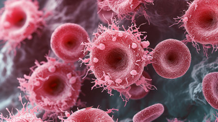 Electron micrograph of blood cells, showing intricate cellular structures in rich detailの素材