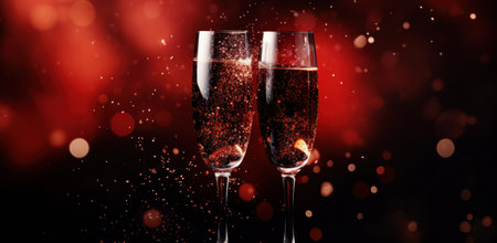 a pair of champagne glasses on a red night background.の素材