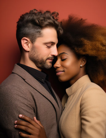 a man and woman embracing for a photo on a brown background.の素材