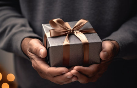 a man with present is holding an empty box.の素材