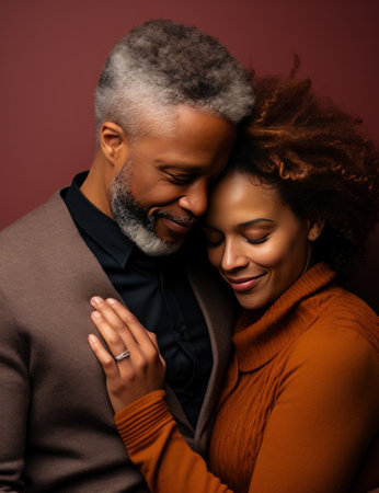 a man and woman embracing for a photo on a brown background.の素材