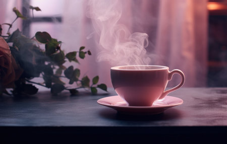 a pink cup on the table next to steam.の素材
