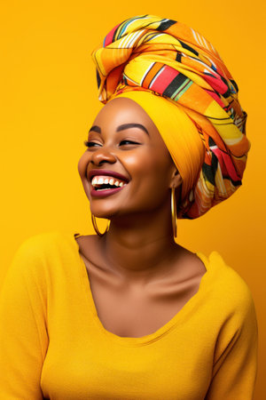 a smiling African woman wearing a colorful hat on a yellow background.の素材