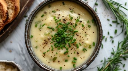 A bowl of creamy potato leek soup, silky in texture and garnished with fresh chivesの素材