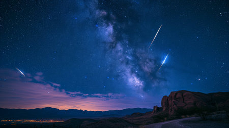 A meteor shower streaking through the night sky, leaving luminous trails in its wakeの素材