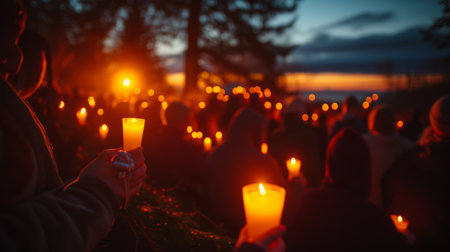 A group of people attending a sunrise Easter service, holding candles in the early morning lightの素材