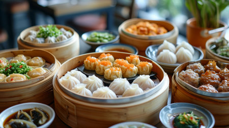 Dim Sum Feast: A bamboo steamer small filled with an array of dumplings, buns, and dishesの素材