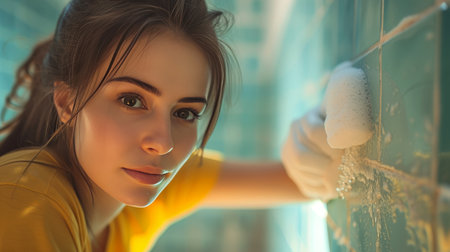 Woman scrubbing the bathroom tiles with a determined and focused expressionの素材