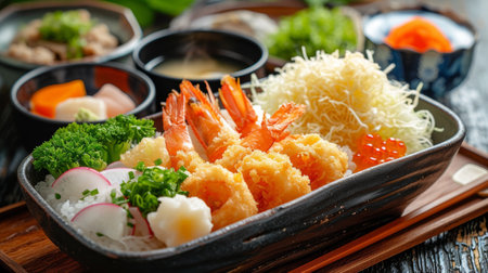 Tempura: Lightly battered and deep-fried seafood and vegetables, served with dipping sauce and grated daikonの素材