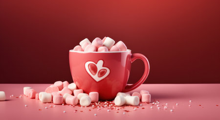 an mug containing red hot cocoa and mini marshmallows.の素材