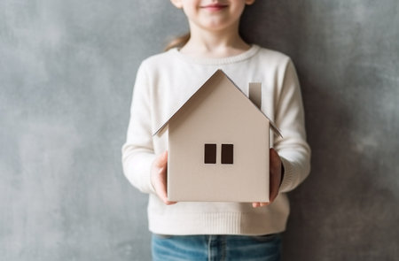 child holds paper cardboard house after moving in to a new home.の素材