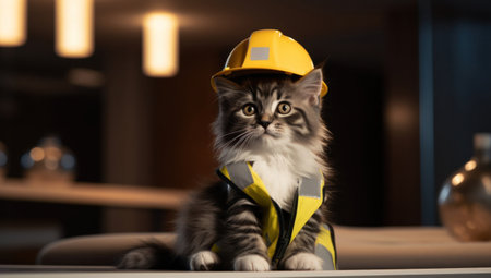kitten wearing helmet for work.の素材