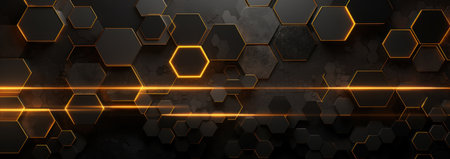 geometric hexagons and golden lights on a gray background.の素材