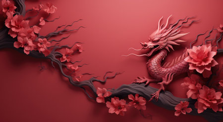 red dragon with branches on red background with abstract background.の素材