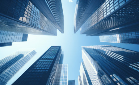 looking upwards at skyscrapers against a clear blue sky.の素材