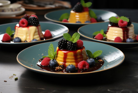 six desserts are topped with berries and mint.の素材