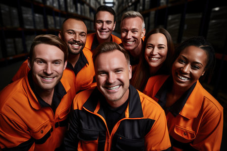 team of warehouse workers smiling.の素材