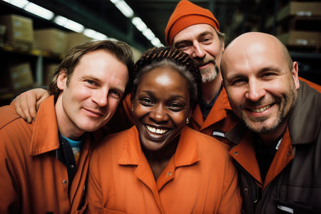team of warehouse workers smiling.の素材