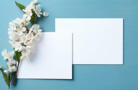 two white blank wedding cards on a blue background.の素材