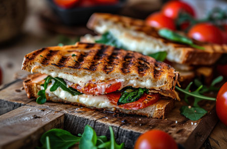 homemade grilled sandwiches with tomatoes and mozzarella.の素材