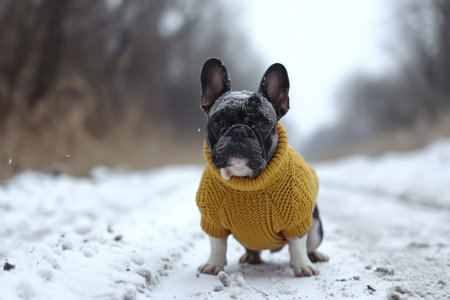 a French bulldog wearing yellow sweater on snowy road.の素材