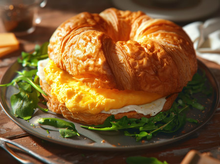 a croissant sandwich and a cup of coffee are on top of a plate.の素材
