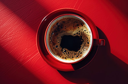a cup of coffee is placed on a red background.の素材